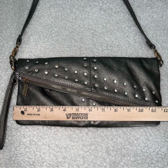 Imoshion Gunmetal Pewter Gray Fold-over Shoulder Bag or Clutch Rhinestones - Picture 7 of 12